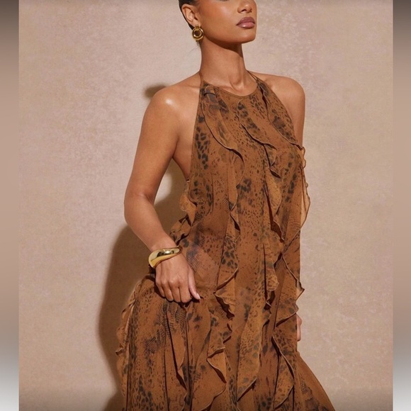 Elegant Brown Leopard Print Ruffles Halter Maxi Dress - Picture 2 of 8